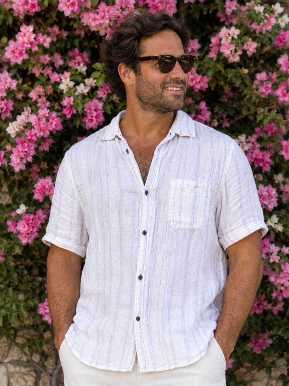 Katin Men’s Short-Sleeve Button-Down Shirt in White with Light Purple Stripes